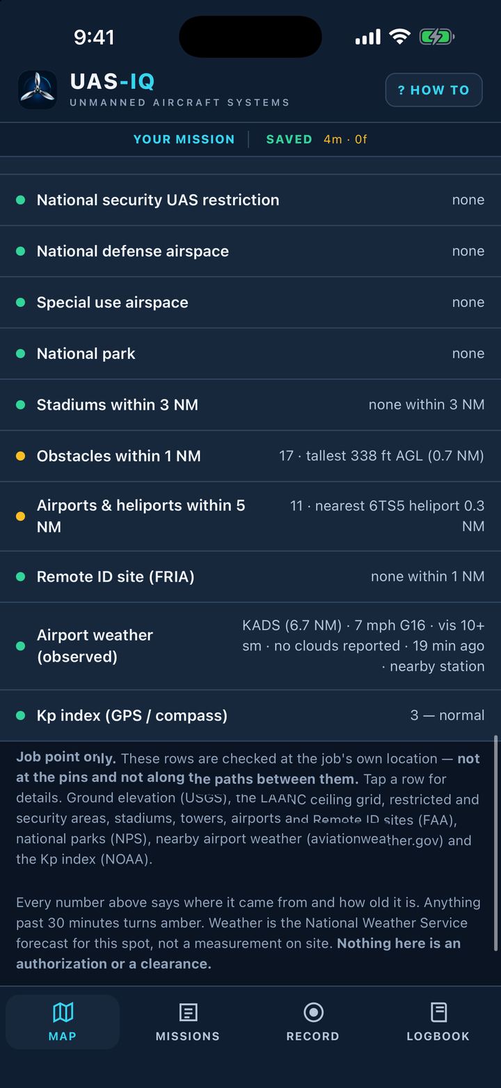 Site check list: national security UAS restriction none, stadiums within 3 NM none, obstacles within 1 NM 17, tallest 338 ft AGL